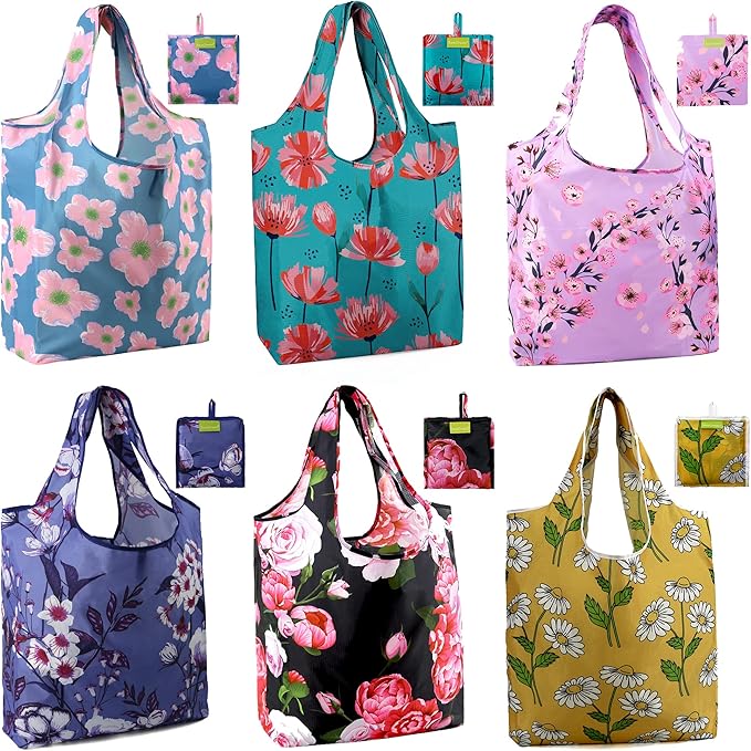 BeeGreen Flower Reusable Shopping Bags Cute Grocery Bag 6 Pack, Christmas Gift Bags Heavy-Duty Foldable Shopping Totes for Supermarket, Work & Travel, Large Washable Polyester Tote Bag with Handles