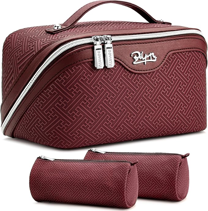 BOYATU Travel Makeup Bags for Women: Vintage Roman Column Texture Large Capacity Cosmetic Bag - Each Journey, Quiet Luxury Serenity - 3 Pcs Set Organizer Toiletry Purse 50% Extra Storage(Burgundy)