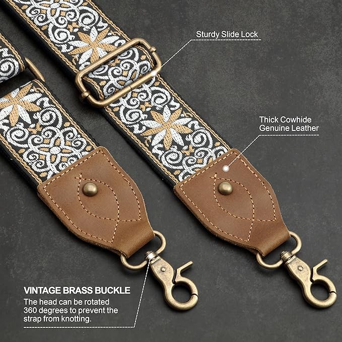 Nefelibata Purse Strap-2"Crazy Horse Leather Bag Strap Adjustable Replacement,Retro Jacquard Embroidery Crossbody Straps