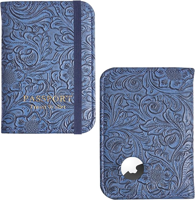 lizimandu Passport Holder with Airtag Slot, Airtag Passport Wallet for Men Women, Slim Leather Passport Holder Case Family for Travel Anti-Lost(1-Carved Blue2)