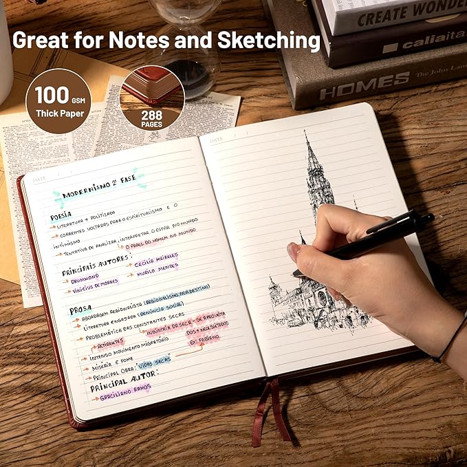 CAGIE Compass Leather Journal Gift for Men - Vintage Writing Notebook with Pen, 100 GSM 288 Page Lined Journal A5 Hardcover, 180° Lay Flat, Daily, Travel, Office & Gift Idea