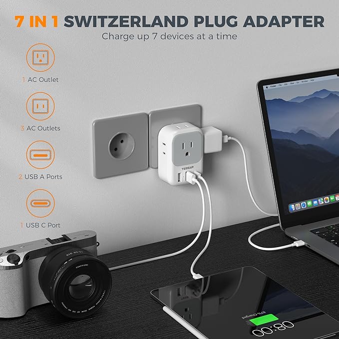 Switzerland Travel Plug Adapter 2 Pack, TESSAN Type J Adaptor with 4 Outlets 3 USB Charging Ports(1 USB C PD 20W), Swiss Travel Plug for US to Switzerland, Liechtenstein, Rwanda