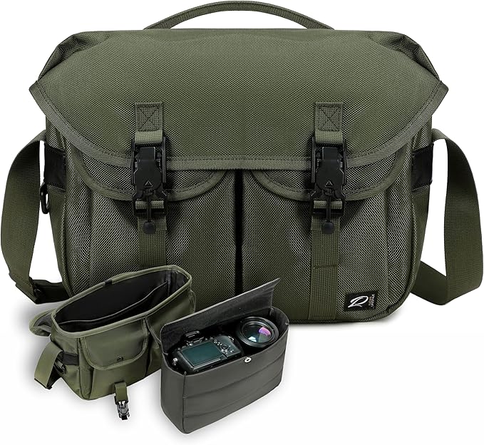 Padwa Lifestyle Green Camera Bag - Nylon Flap Camera Photography Bag with Removable Lining for Single Shoulder & Crossbody and Hand Carry,Weather Resistant Casual Camera Bag for Cameras & Drone