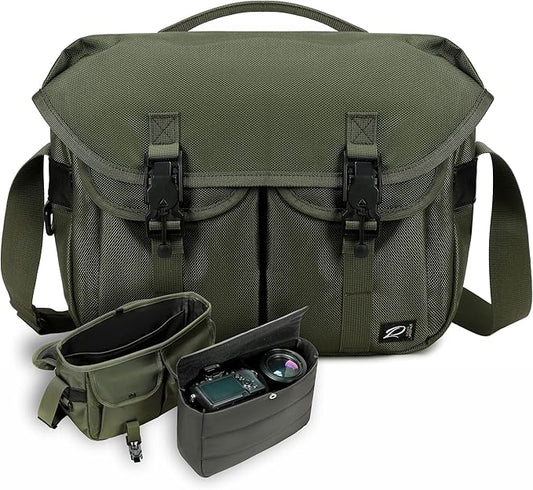 Padwa Lifestyle Green Camera Bag - Nylon Flap Camera Photography Bag with Removable Lining for Single Shoulder & Crossbody and Hand Carry,Weather Resistant Casual Camera Bag for Cameras & Drone