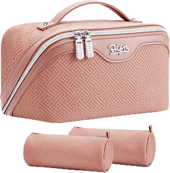 BOYATU Travel Makeup Bags for Women: Vintage Roman Column Texture Large Capacity Cosmetic Bag - Each Journey, Quiet Luxury Serenity - 3 Pcs Set Organizer Toiletry Purse 50% Extra Storage(Pink)