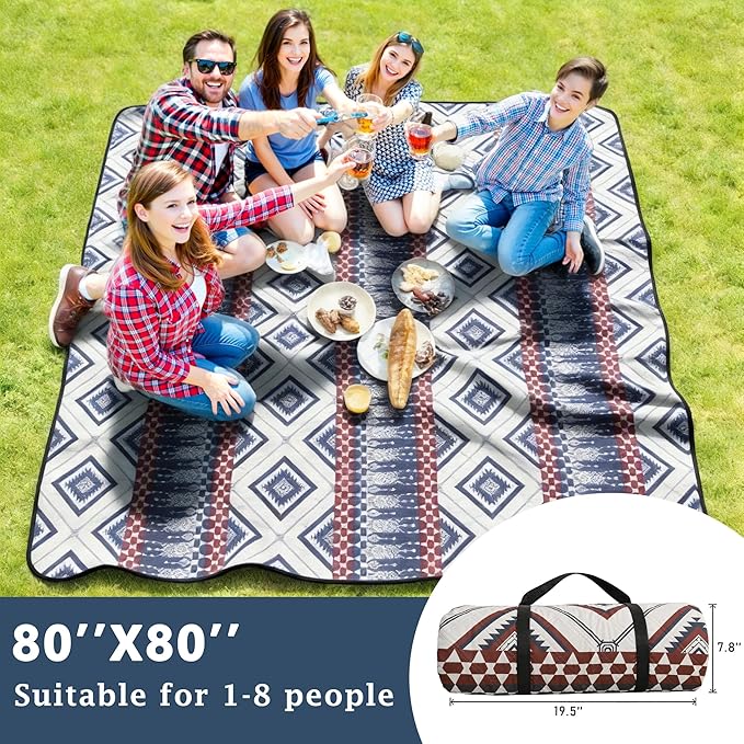 SAMSIER Large Outdoor Picnic Blankets Waterproof Foldable, Beach Blanket Sandproof Portable, Picnic Mat Washable for Camping (80"×80", Thickened)