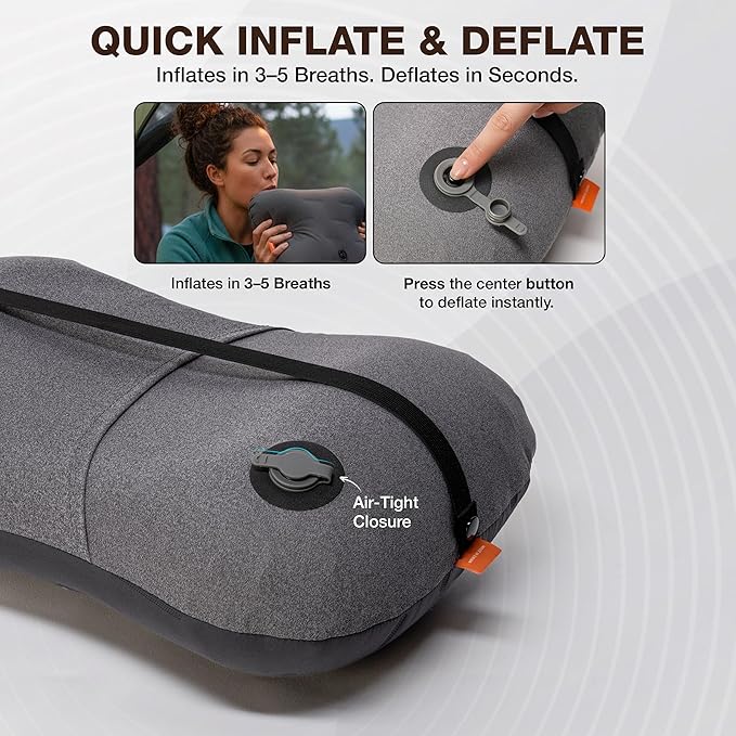 Inflatable Camping Pillow - Ultralight Compact Air Pillow for Travel, Backpacking & Hiking - Ergonomic Neck & Lumbar Support - Portable Inflatable Pillow with Removable Washable Cover - (Blue 2 Pack)