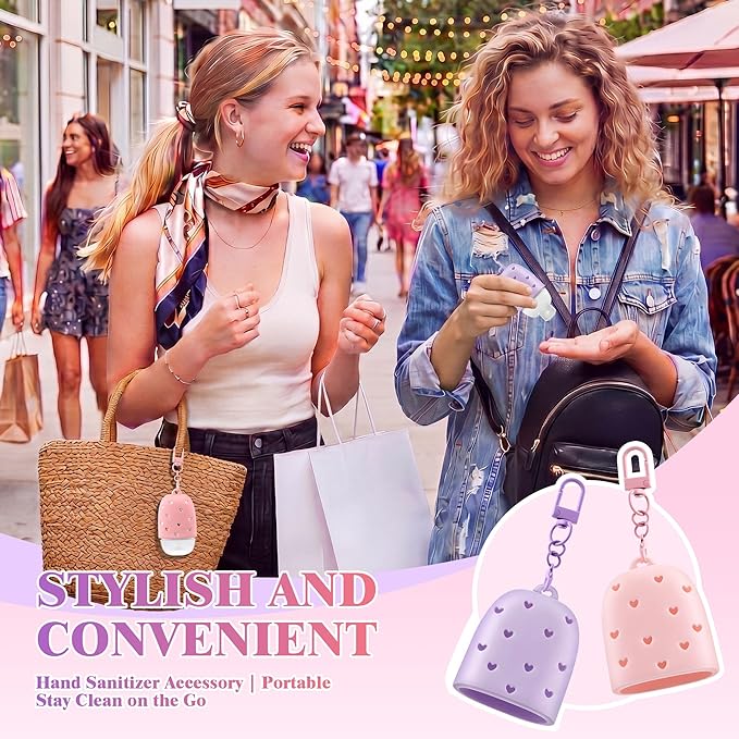 Meonum 2 Pack Cute & Stylish Hand Sanitizer Holders, Compatible with Bath & Body Works PocketBac, Pink & Purple Hollow Heart Design, Easy Clip-On Keychain for Bags, Snug Fit Won't Fall Off