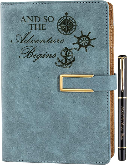 Fanery Sue Refillable Adventure Travel Journal For Women & Men Faux Leather Hardcover A5 Travel Notebook College Ruled 200 Lined Pages Lay-Flat Diary With Pen & Magnetic Buckle(Adventure - Light Blue)