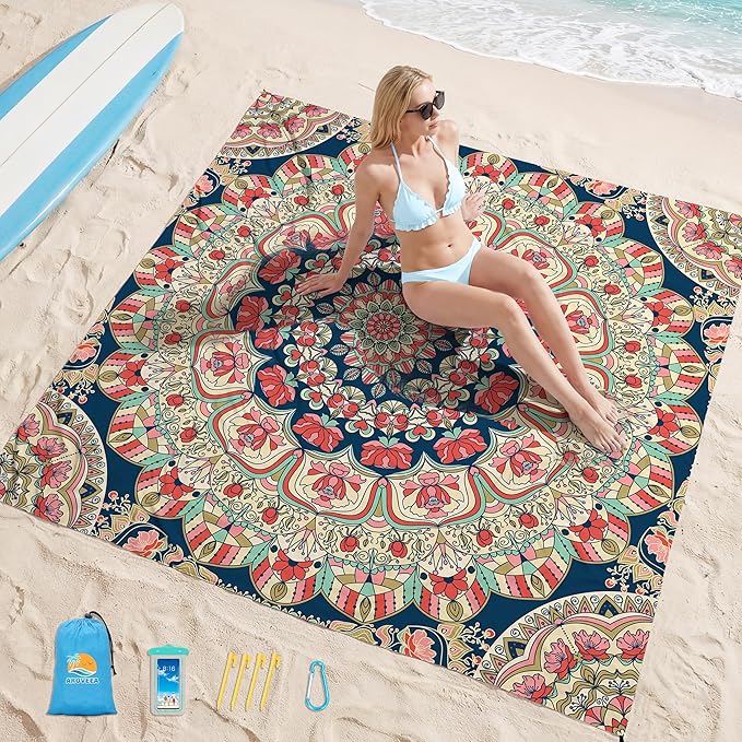 Aroveea Beach Blanket Waterproof Sandproof 1-7 Adult Oversized 78''X81''/10'X9' Lightweight Durable Compact Sand Free Beach Mat for Travel Camping Hiking Picnic Blanket