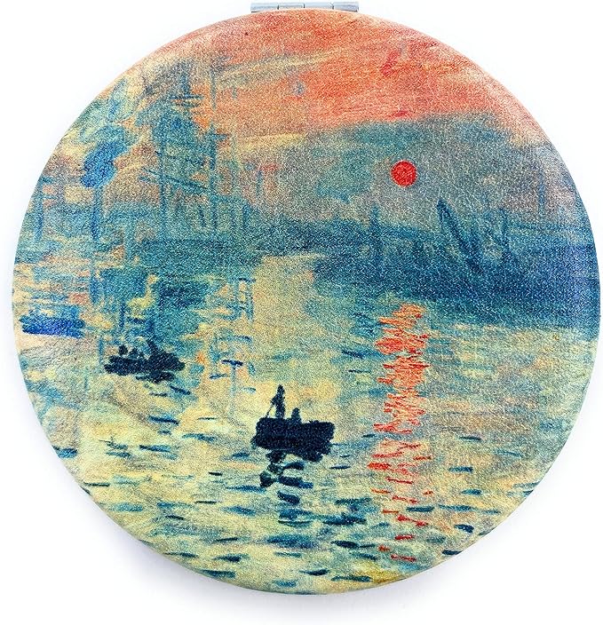 Compact Mirror Magnifying Makeup Mirror Pink Pocket Mirror Vintage Small Gifts for Women Claude Monet Art Prints Sunrise Artistic Makeup Gift, Diameter 2.75 x 0.4 Thickness