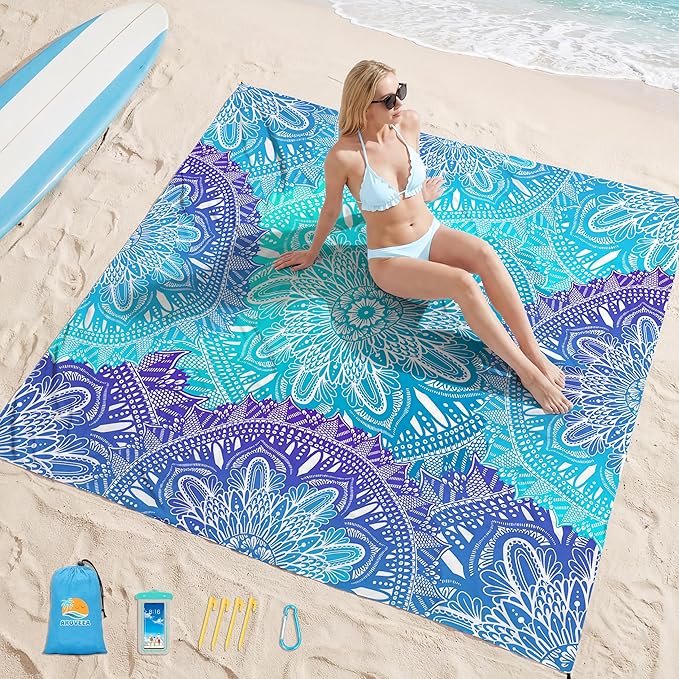 Aroveea Beach Blanket Waterproof Sandproof 1-7 Adult Oversized 78''X81''/10'X9' Lightweight Durable Compact Sand Free Beach Mat for Travel Camping Hiking Picnic Blanket