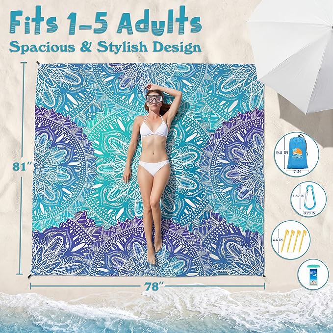 Aroveea Beach Blanket Waterproof Sandproof 1-7 Adult Oversized 78''X81''/10'X9' Lightweight Durable Compact Sand Free Beach Mat for Travel Camping Hiking Picnic Blanket