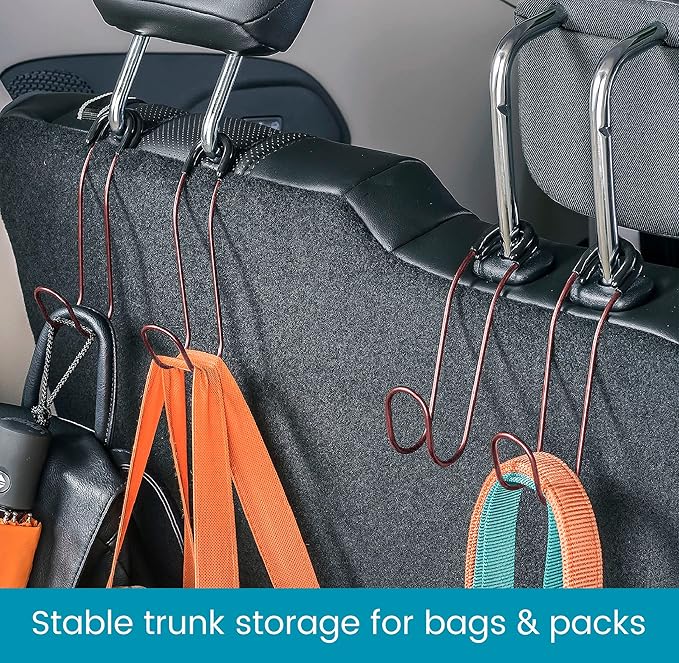 High Road Unbreakable Car Bag Hooks - Large Car Seat Hooks for Purse, Backpack, Coats, Hats and Heavy Bags up to 40 lbs - Secure Attachment Fits All Headrest Posts, 4-Pack