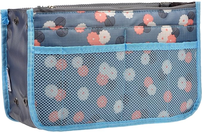 Vercord Purse Organizer Insert for Handbags Bag Organizers Inside Tote Pocketbook Women Nurse Nylon 13 Pockets Blue Flower Large