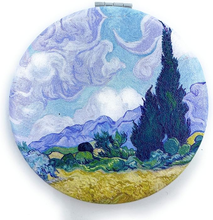 Art Gifts for Women Travel Mirror Van Gogh Handheld Mirror Small Cosmetic Compact Mirror Cute Pocket Mirror Design Print Wheat Field and Cypress, Diameter 2.75 inch x 0.4 inch Thickness