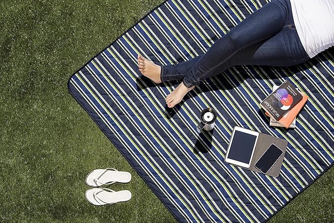 ONIVA - a Picnic Time brand - Vista Outdoor Picnic Blanket & Tote - Beach Blanket - Camping Blanket, (Blue Stripe Pattern with Navy Blue Exterior)