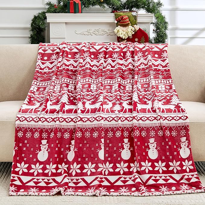 Edenleaf Christmas Blanket Soft Cozy Fleece Throws with Snowman Snowflake Reindeer and Xmas Trees Print, Fuzzy Warm Christmas Throw Blanket for Couch Bed Holiday Decorations Gifts 60"x80" (Red)