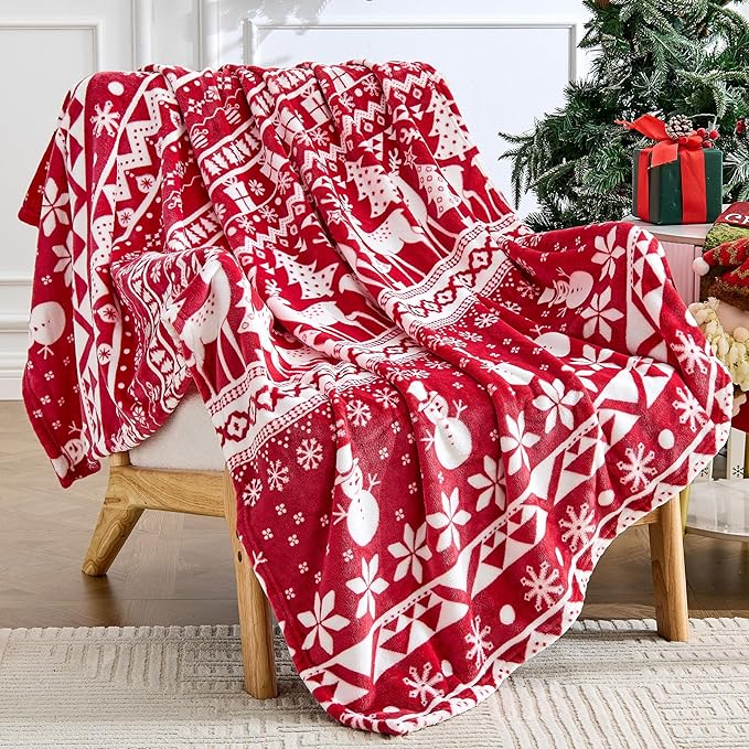 Edenleaf Christmas Blanket Soft Cozy Fleece Throws with Snowman Snowflake Reindeer and Xmas Trees Print, Fuzzy Warm Christmas Throw Blanket for Couch Bed Holiday Decorations Gifts 50"x60" (Red)
