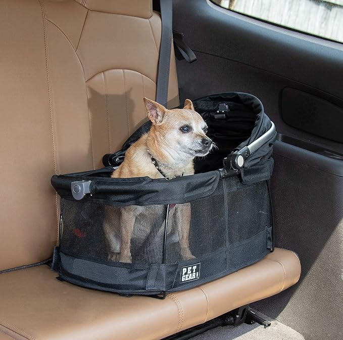 Pet Gear No-Zip View 360 Pet Safety Carrier & Car Seat for Small Dogs & Cats Push Button Entry, View 360 20-inch, Black