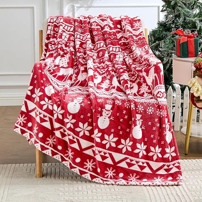 Edenleaf Christmas Blanket Soft Cozy Fleece Throws with Snowman Snowflake Reindeer and Xmas Trees Print, Fuzzy Warm Christmas Throw Blanket for Couch Bed Holiday Decorations Gifts 60"x80" (Red)