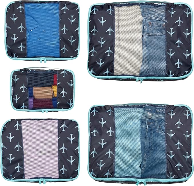 Travel Wise Packing Cubes for Travel - 5 Piece Set with Pattern Design, Lightweight Ripstop Nylon Luggage Organizers with Mesh Panel, Small Medium Large Sizes