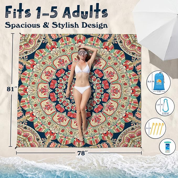Aroveea Beach Blanket Waterproof Sandproof 1-7 Adult Oversized 78''X81''/10'X9' Lightweight Durable Compact Sand Free Beach Mat for Travel Camping Hiking Picnic Blanket