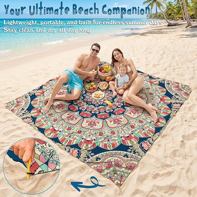 Aroveea Beach Blanket Waterproof Sandproof 1-7 Adult Oversized 78''X81''/10'X9' Lightweight Durable Compact Sand Free Beach Mat for Travel Camping Hiking Picnic Blanket